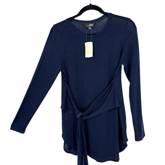 Suzanne Betro Soft Knit Tie Waist Tunic Top Size Medium Navy Blue Long Sleeve - Picture 1 of 6